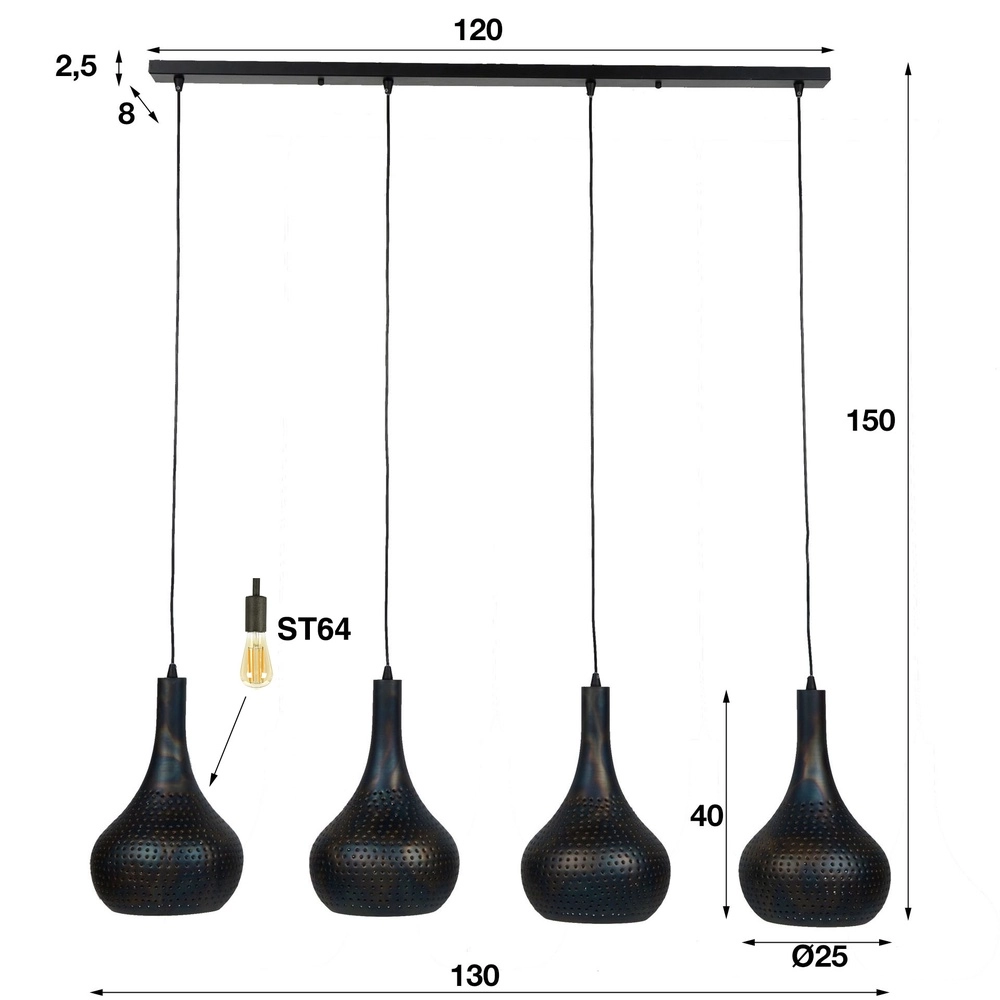 Gaatjes eettafel hanglamp Punch 4x E27 - zwart bruin Lyora 8716803512979