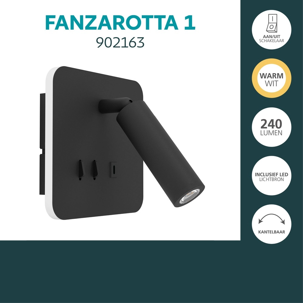 Bedlampje Fanzarotta 1 zwart vierkant Eglo 9008606356836
