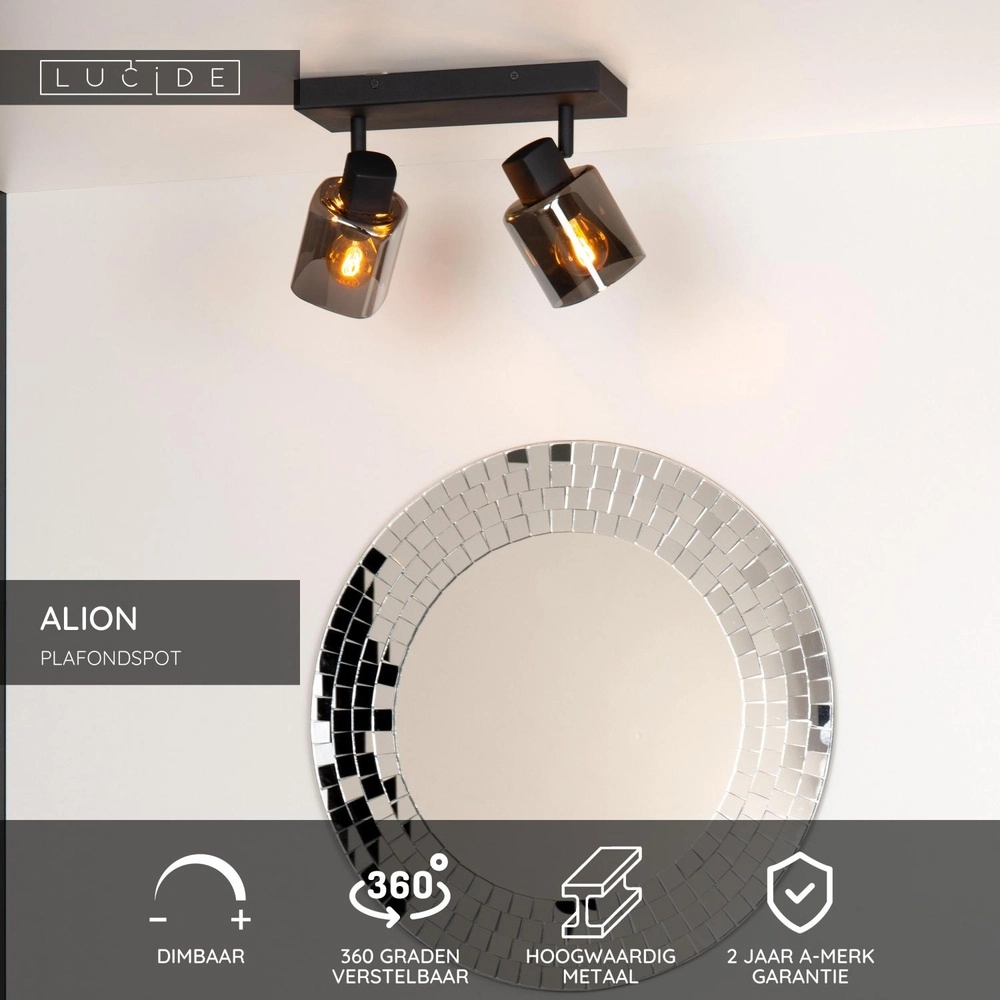 Plafondlamp Alion 2-lichts zwart met smoke glas Lucide 5411212176998