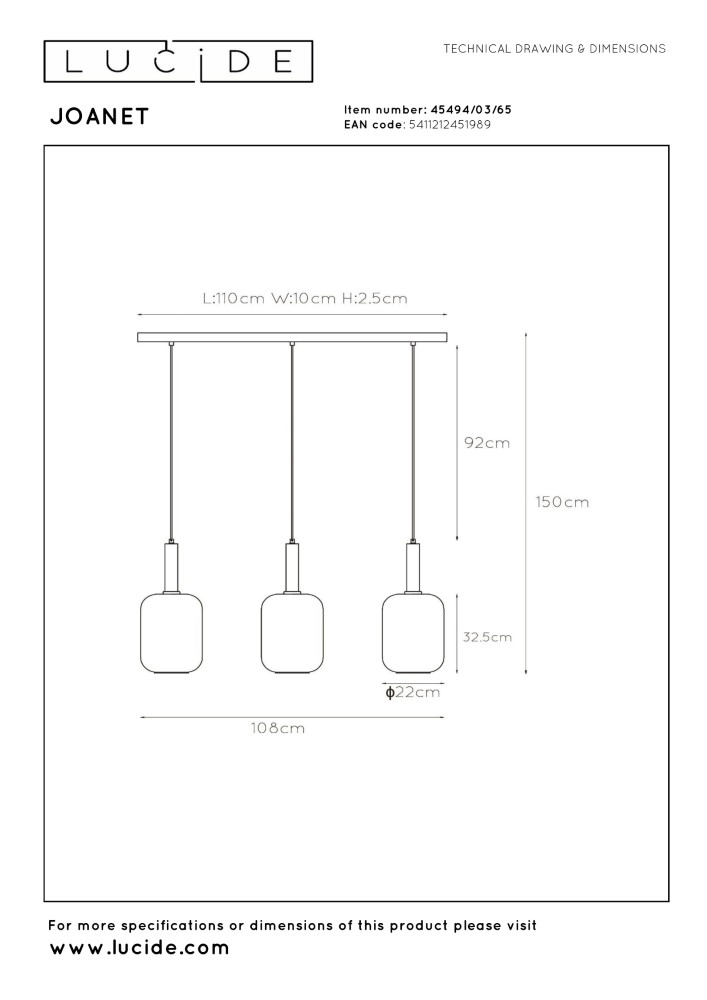 3-lichs hanglamp Joanet recht goud met smoke glas Lucide 5411212451989
