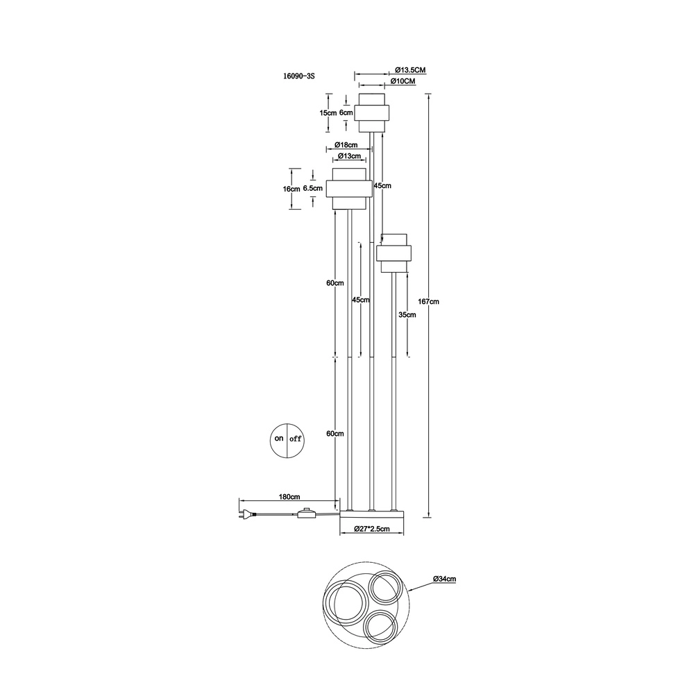 3-lichts vloerlamp Daren zwart met marmer Globo 9007371580675