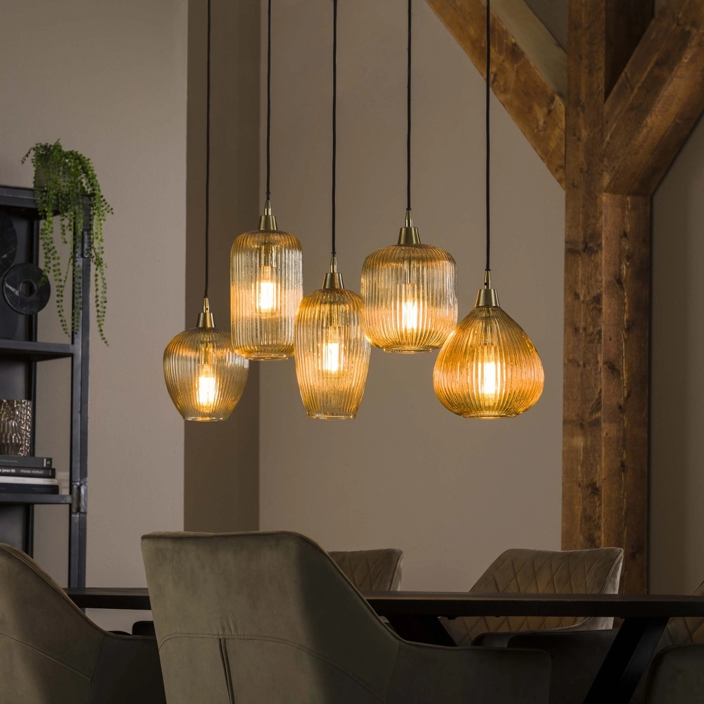 5-licht glazen hanglamp Stripe met amber glas