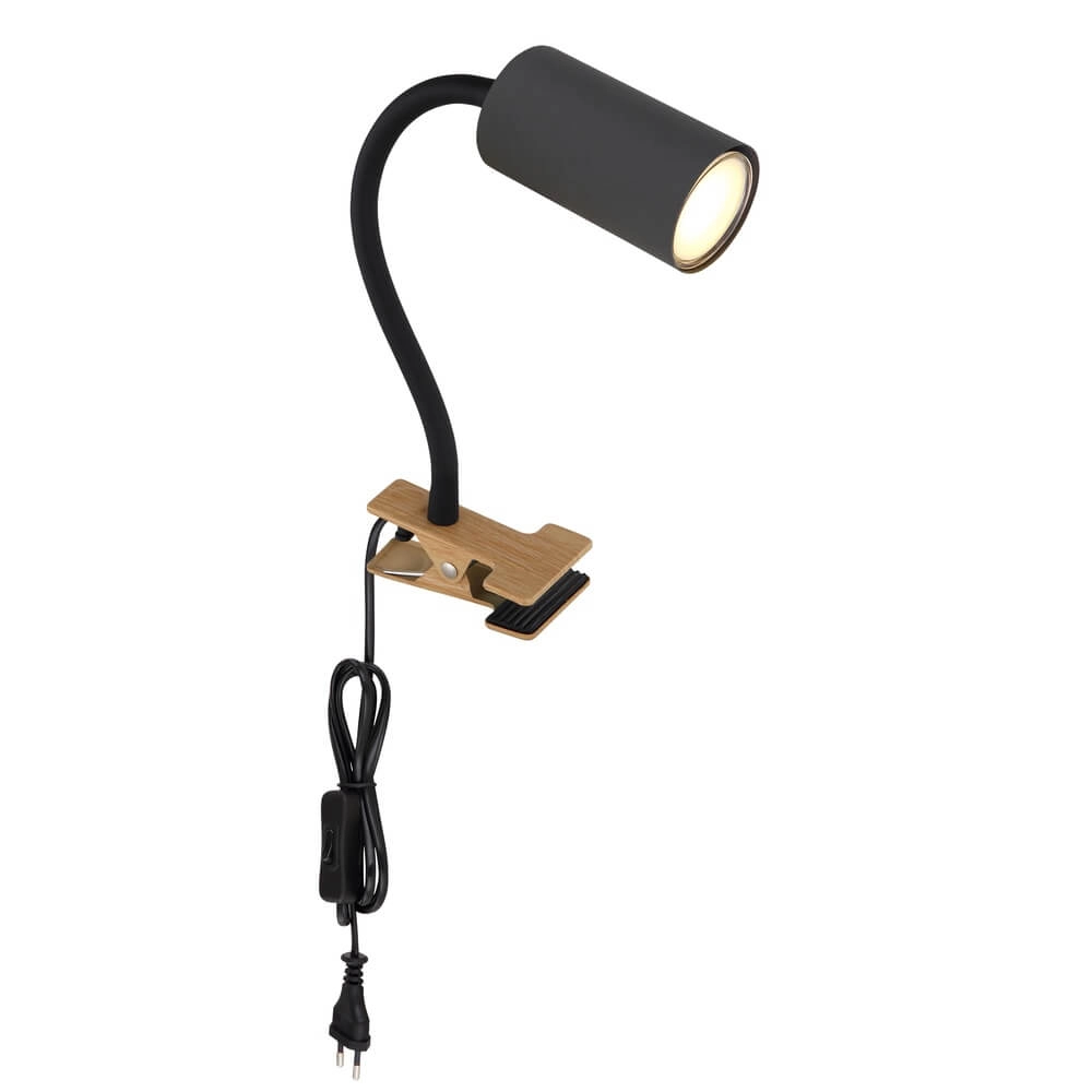 Zwarte klemlamp Robby met hout