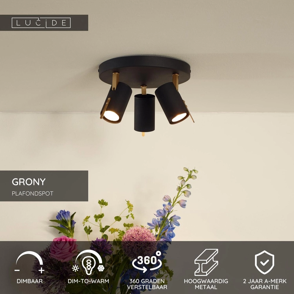 Plafondlamp Grony 3-lichts zwart Lucide 5411212176912