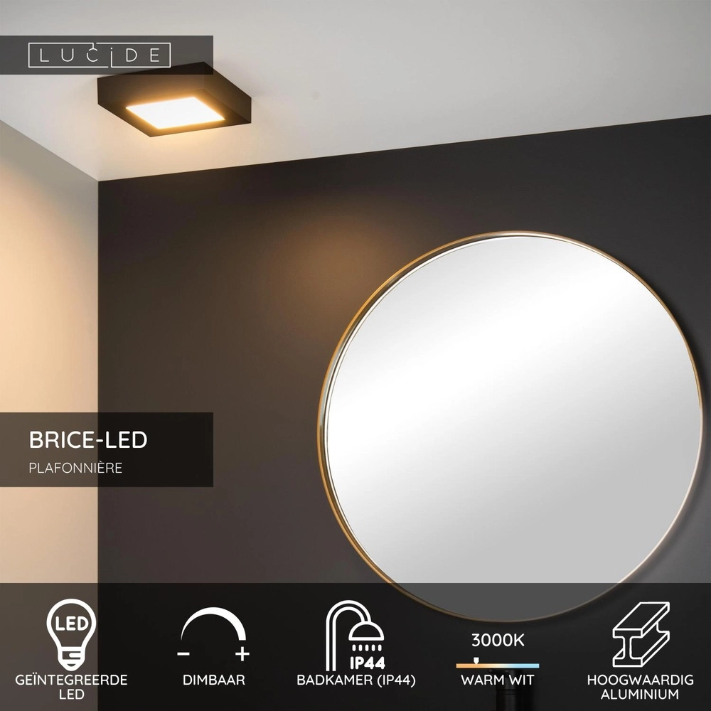 Plafonniere Brice-Led 16,8cm vierkant IP44 zwart Lucide 5411212281258