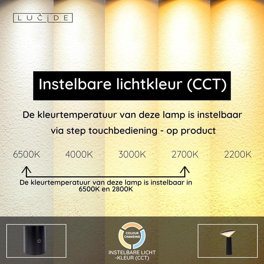 Oplaadbare tafellamp Jive IP44 zwart lichtkleur instelbaar Lucide 5411212021960