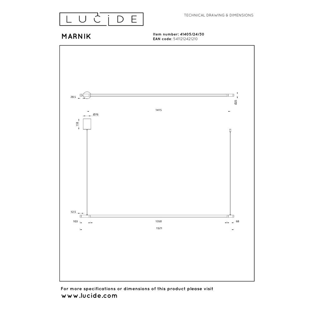 Strakke hanglamp Marnik zwart 150cm Premium by Lucide 5411212421210