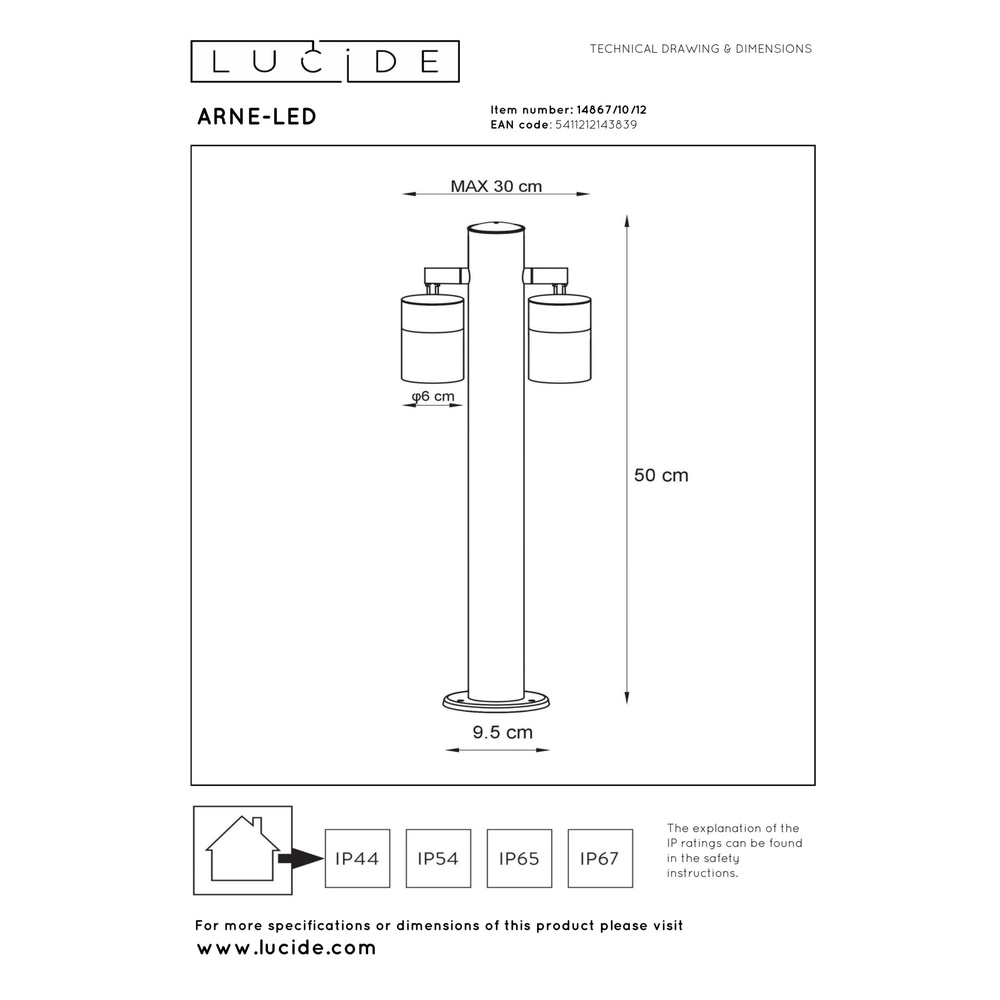 Tuinlamp Arne-Led 2-lichts chroom Lucide 5411212143839