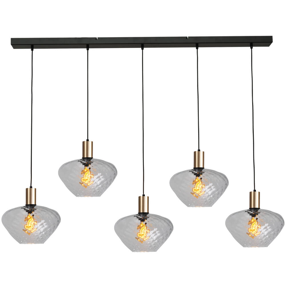 5-lichts hanglamp - goud - Porto met Blossom smoke glazen