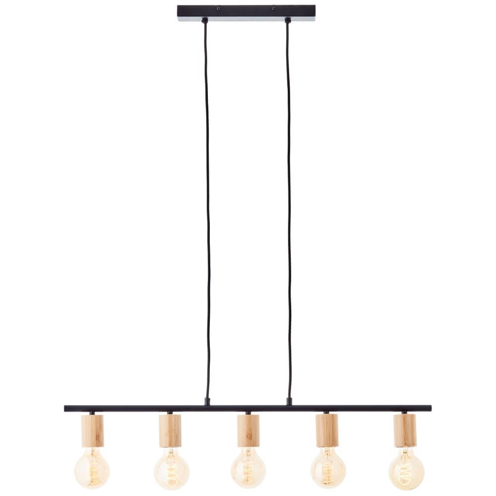 5-lichts hanglamp Kerry zwart met hout 5-lichts hanglamp Kerry zwart met hout