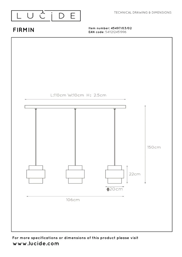 Moderne hanglamp Firmin 3-lichts Lucide 5411212451996