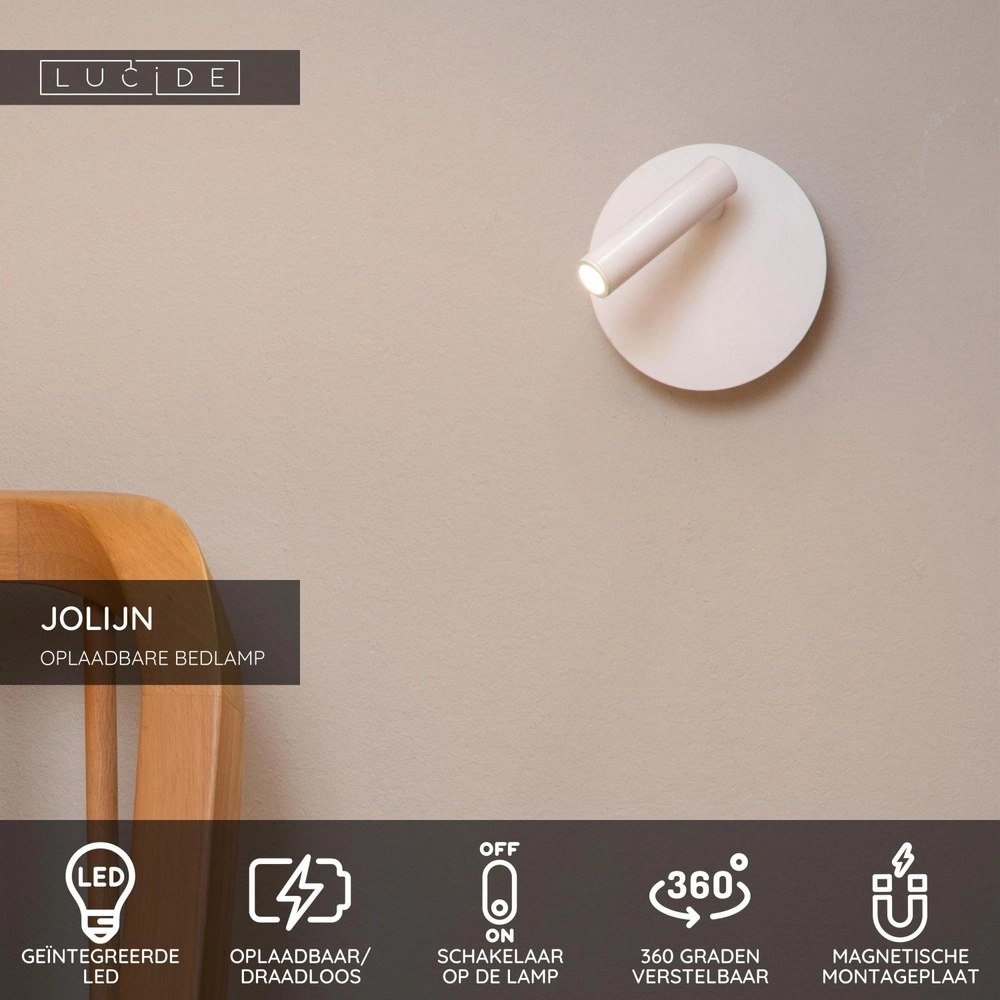 Magnetisch wandlampje Jolijn oplaadbaar wit bedlampje Lucide 5411212772367