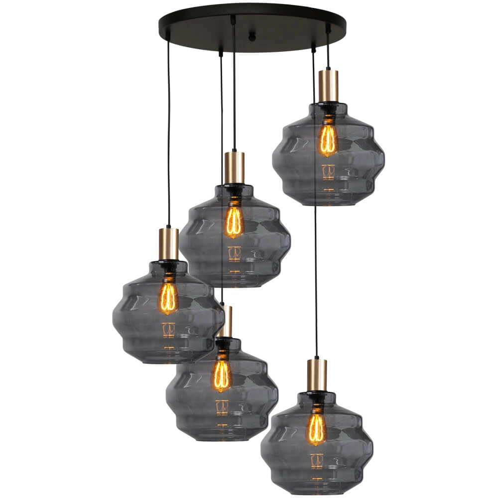 5-lichts vide hanglamp - goud - Porto met Ball smoke glazen - Ø 30cm 5-lichts vide hanglamp - goud - Porto met Ball smoke glazen - Ø 30cm