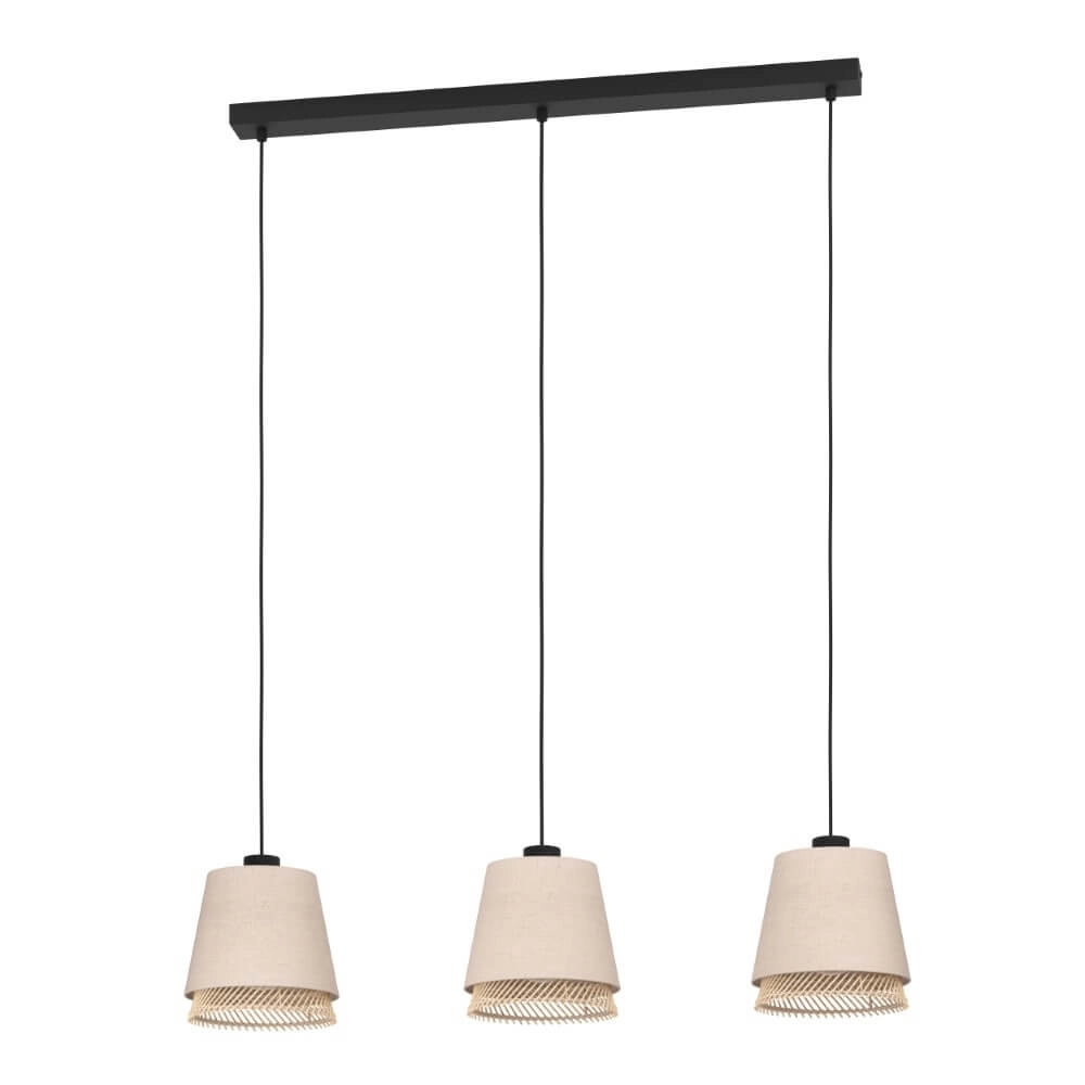 3-lichts hanglamp Tabley linnen met rotan 3-lichts hanglamp Tabley linnen met rotan