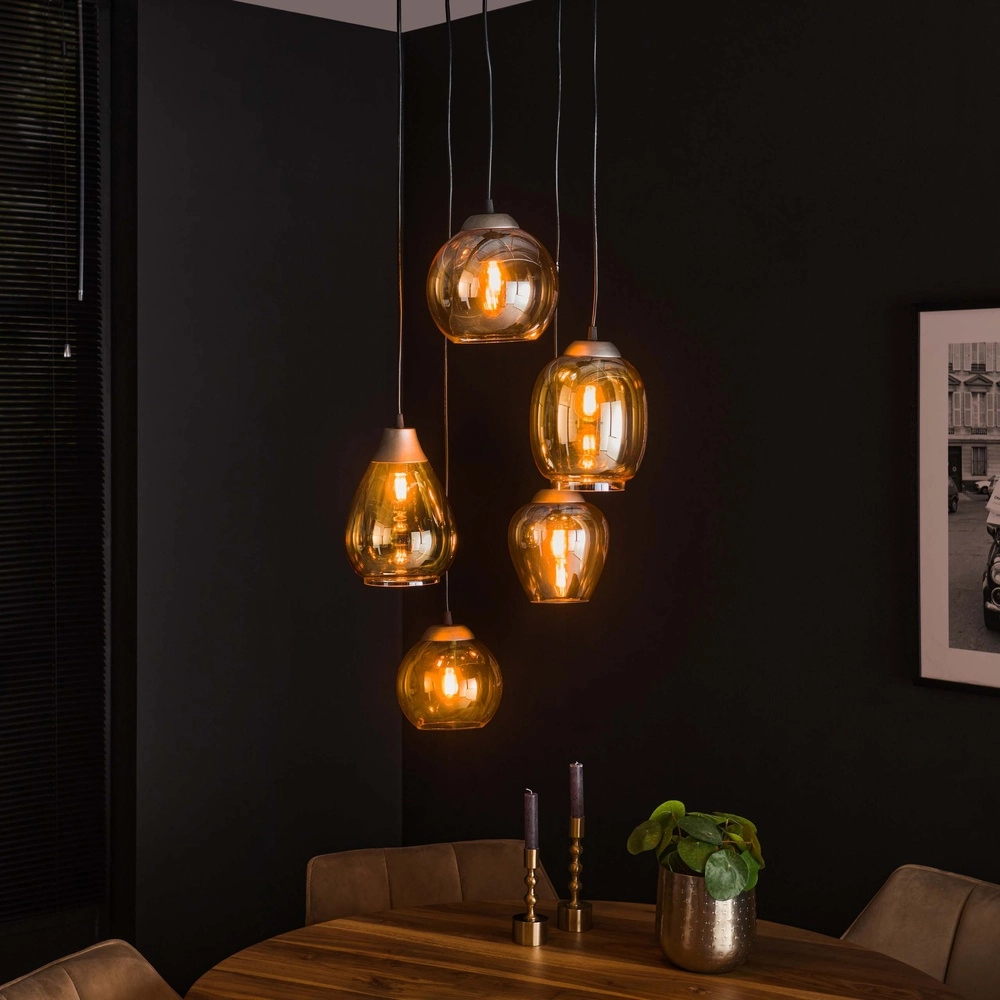 Eettafel hanglamp Mix 5x E27 - Ø 43cm - amber glas