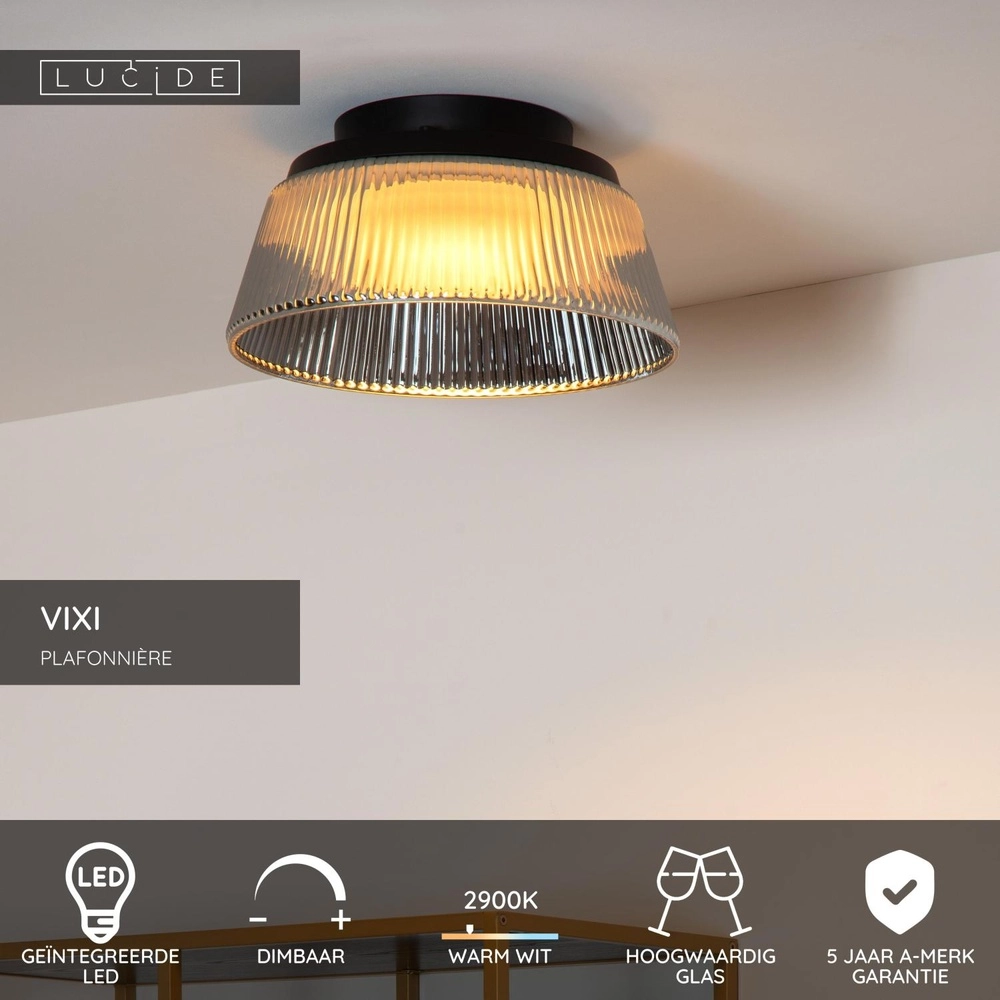 Plafondlamp Vixi zwart met smoke glas Lucide 5411212251077