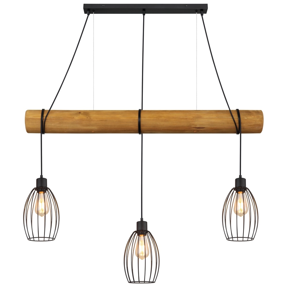 Landelijke hanglamp Berti 3-lichts hout met zwart Globo 9007371583331