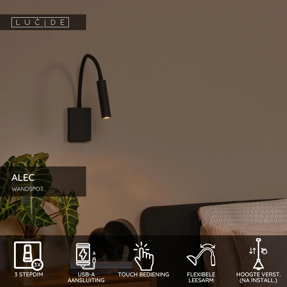 Bedlampje Alec zwart met USB poort Lucide 5411212031952