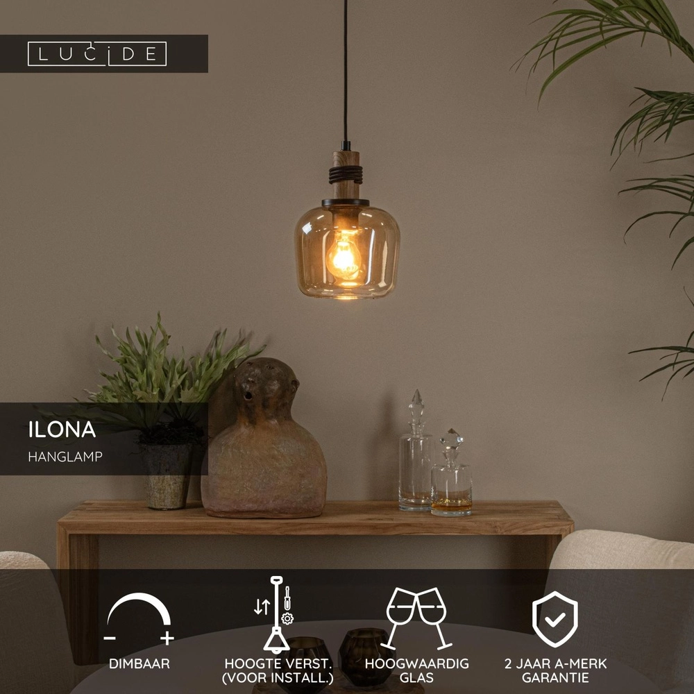 Hanglamp Ilona Ø 18cm zwart met amber glas Lucide 5411212452658
