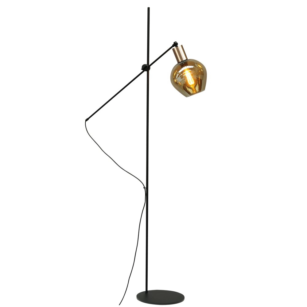 Zwarte vloerlamp Bounty verstelbaar met rond glas