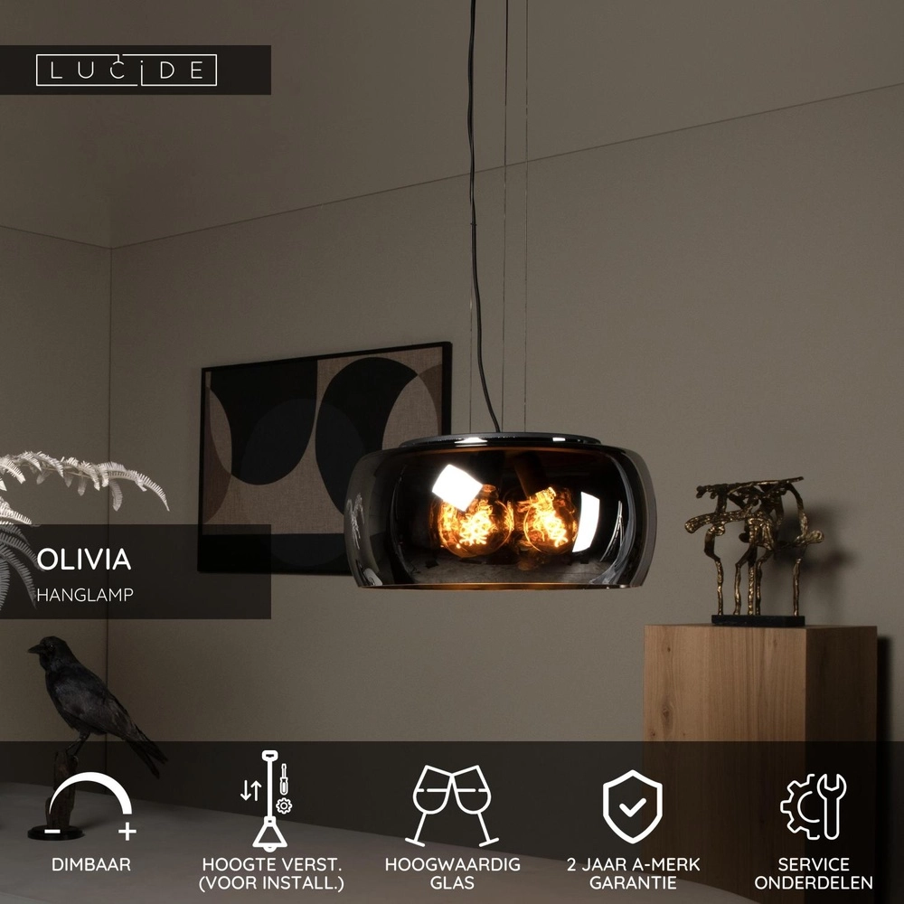 Design hanglamp Olivia Ø 50cm zwart met smoke glas Lucide 5411212452108