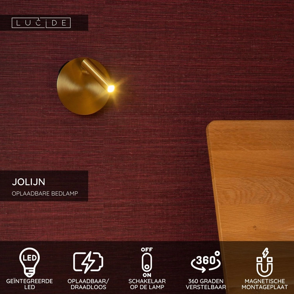 Magnetisch wandlampje Jolijn oplaadbaar goud bedlampje Lucide 5411212771346