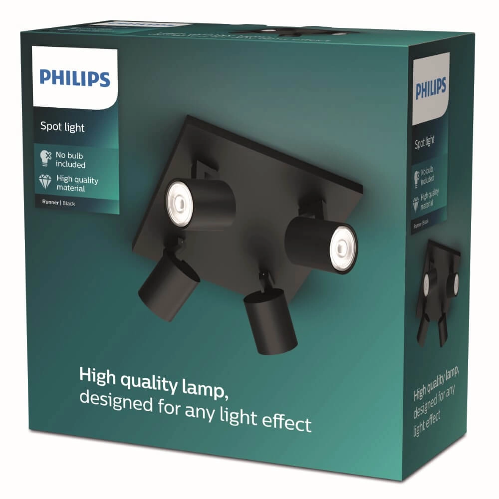 Zwarte plafondspot Runner 4-lichts Philips 8719514435353