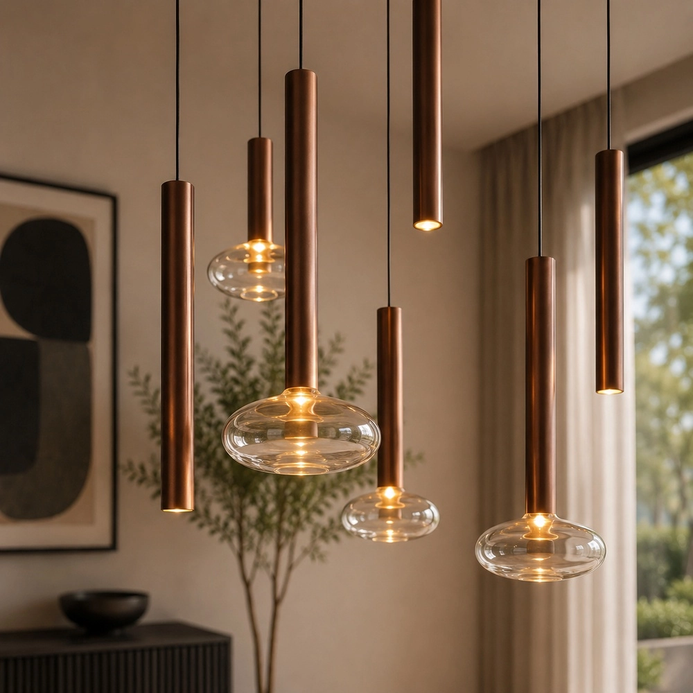 Hanglamp Veridian koffie bruin met amber glas ovaal Brilliant 4004353476907