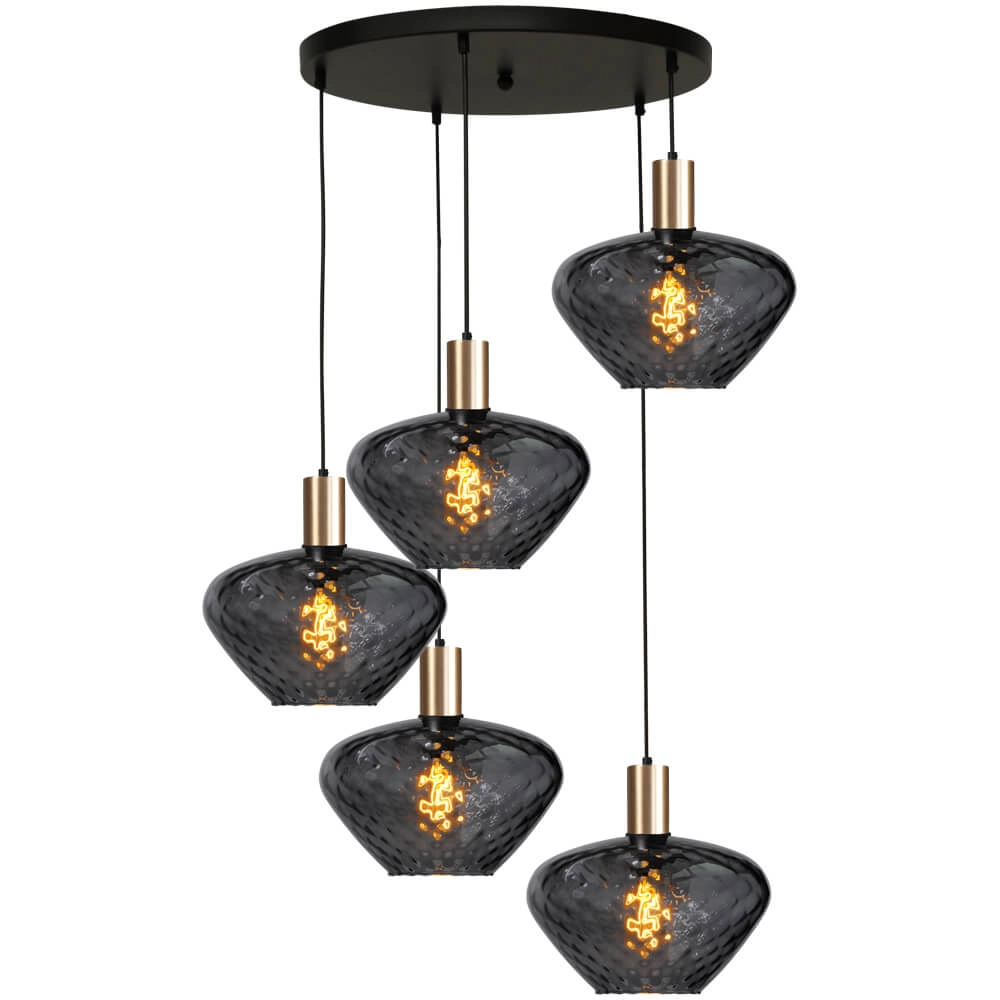 5-lichts vide hanglamp - goud - Porto met Blossom smoke glazen 5-lichts vide hanglamp - goud - Porto met Blossom smoke glazen