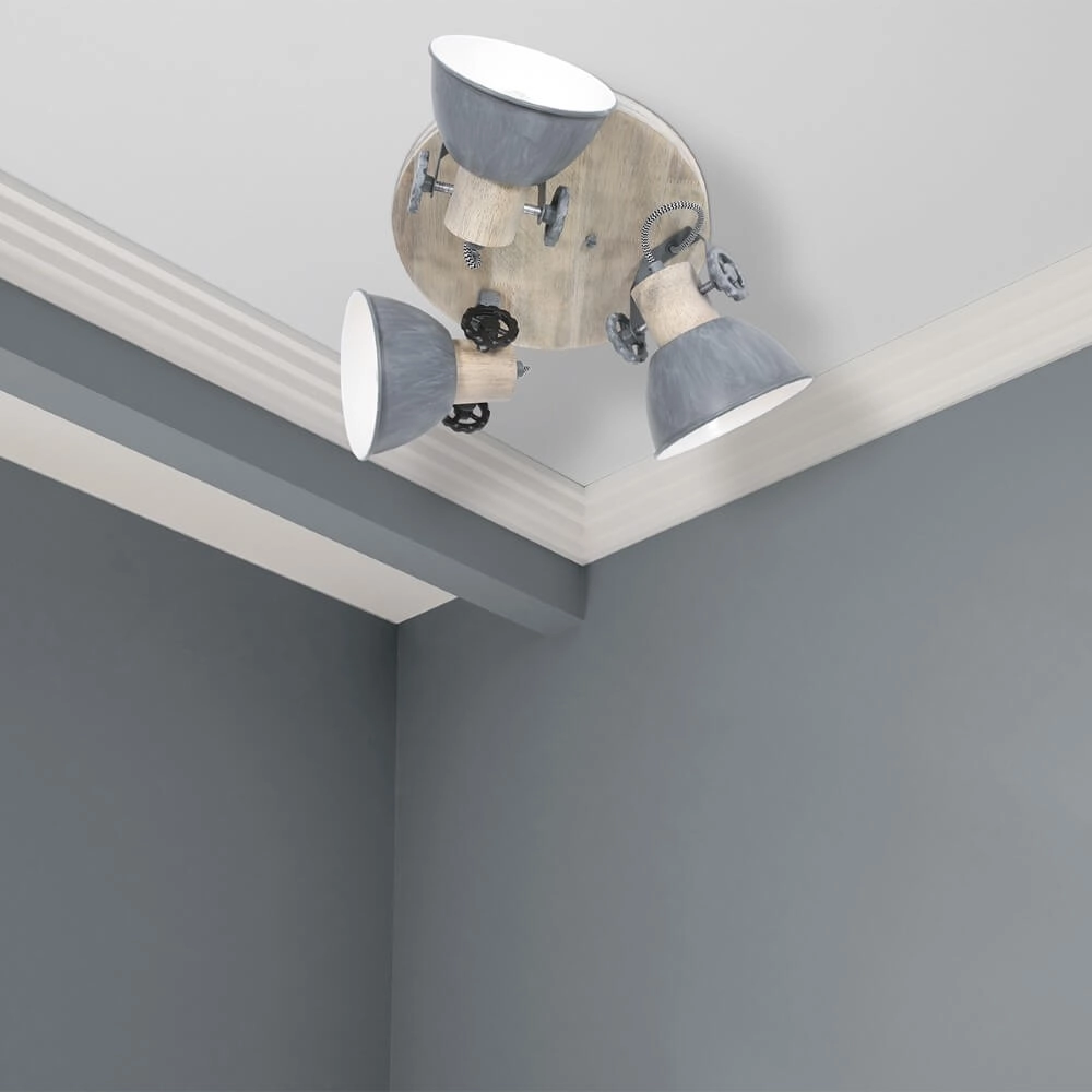 Industriële plafondlamp Gearwood 3-lichts vintage grijs met hout Steinhauer 8712746135404