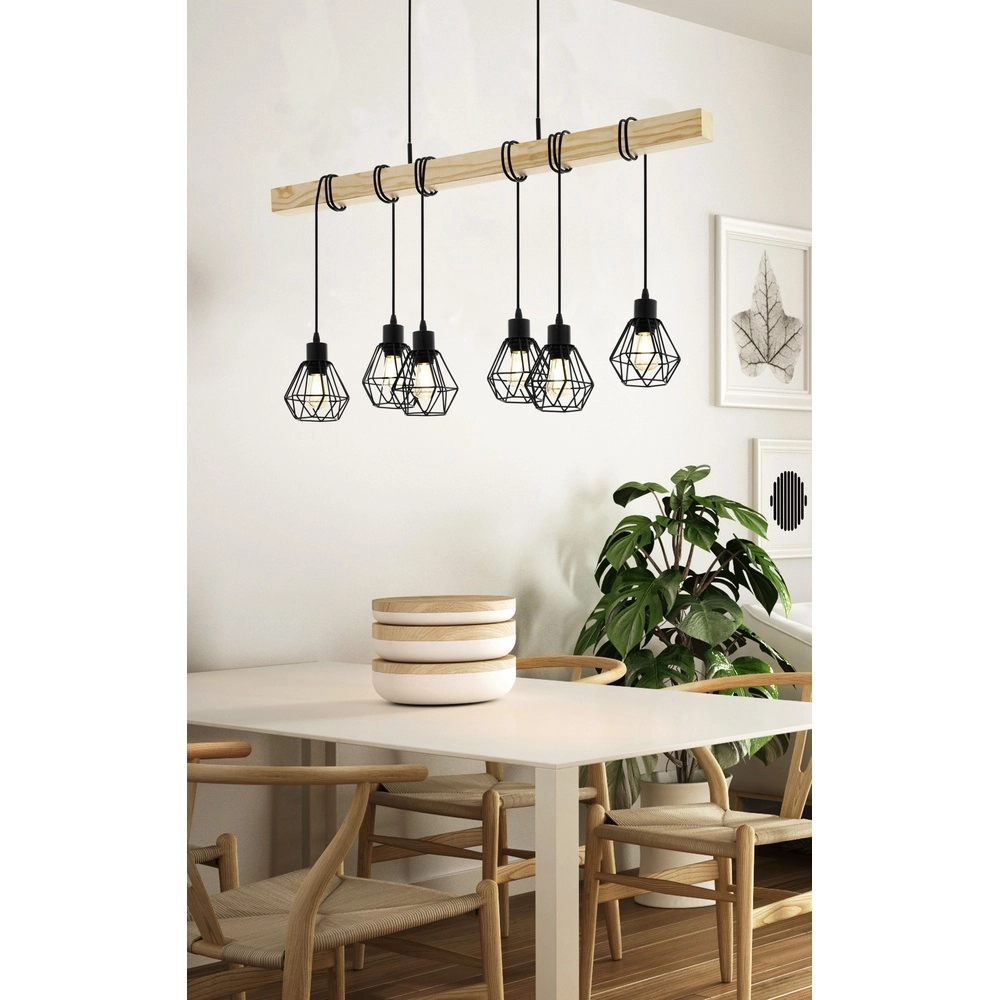 6-lichts hanglamp Townshend 5 eetkamer - zwart met hout Eglo 9002759440763