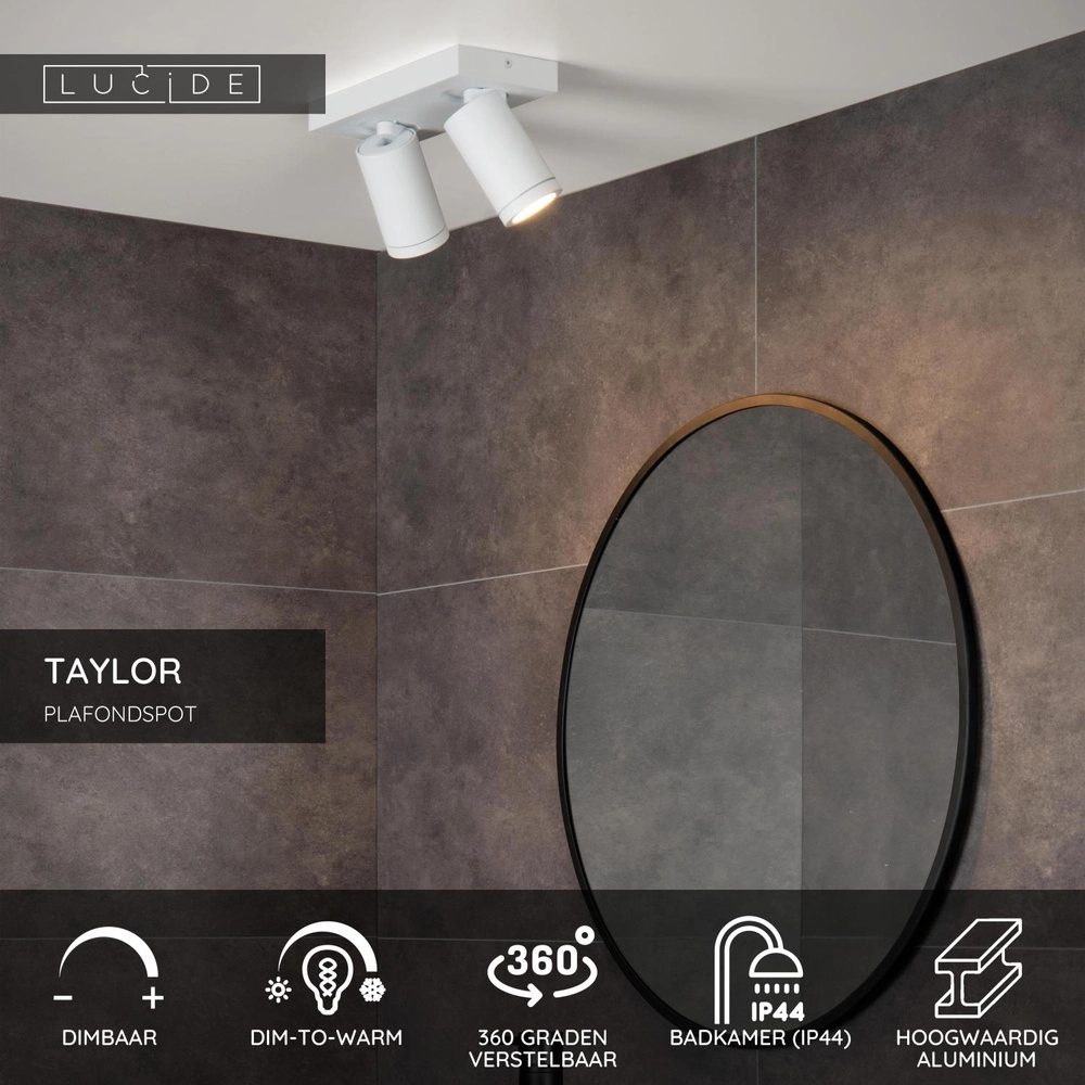 Plafondspot Taylor IP44 2-lichts wit Lucide 5411212092649