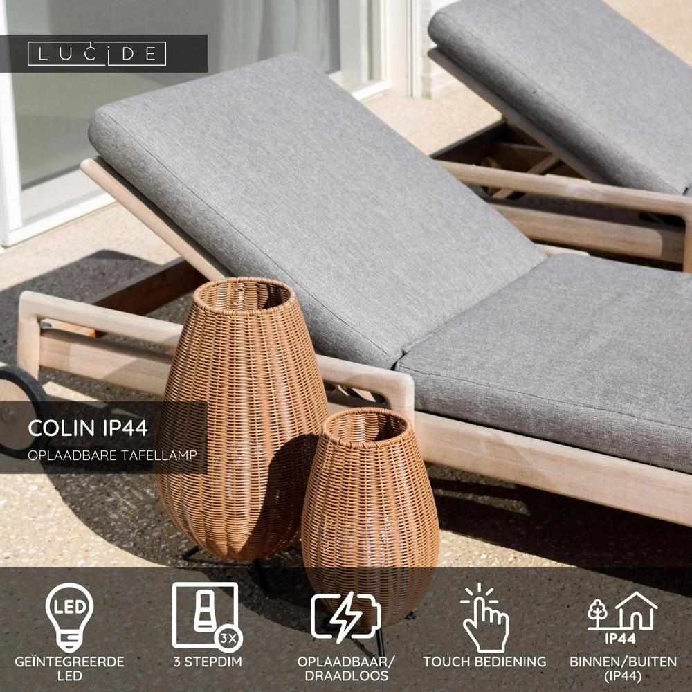 Oplaadbare tafellamp Colin Ip44 rotan Lucide 5411212031839