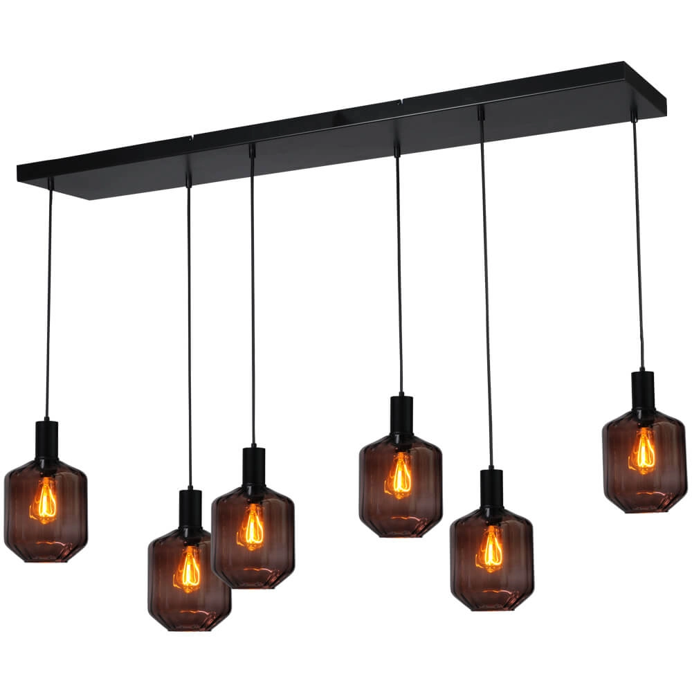 6-lichts hanglamp - zwart - Porto met Jagger red glazen