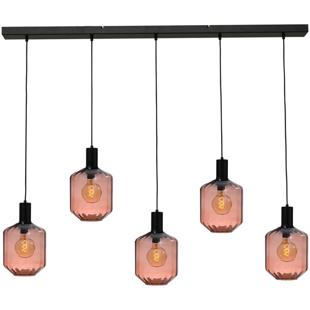5-lichts hanglamp - zwart - Porto met Jagger red glazen - Ø 24cm