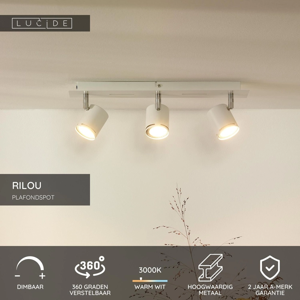 Plafondspot Rilou 3-lichts dimbaar wit Lucide 5411212261984