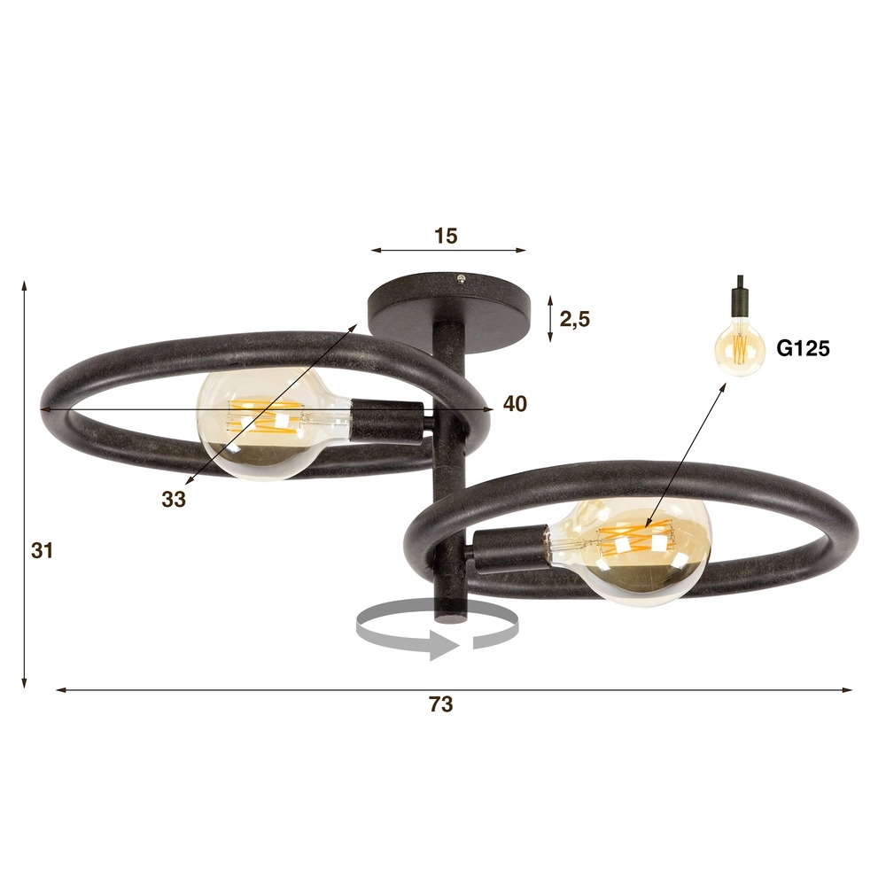 Landelijke plafondlamp Pebble artic zwart - 2x E27 Lyora 8716803510999