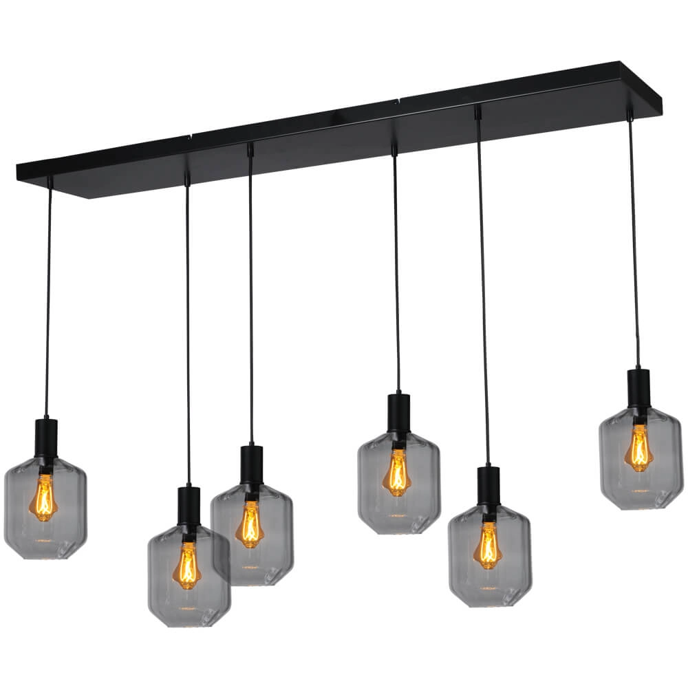 6-lichts hanglamp - zwart - Porto met Jagger smoke glazen