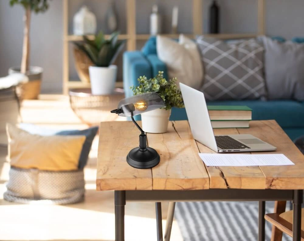 Zwarte bureaulamp Antique met smoke glas Globo 9007371457779