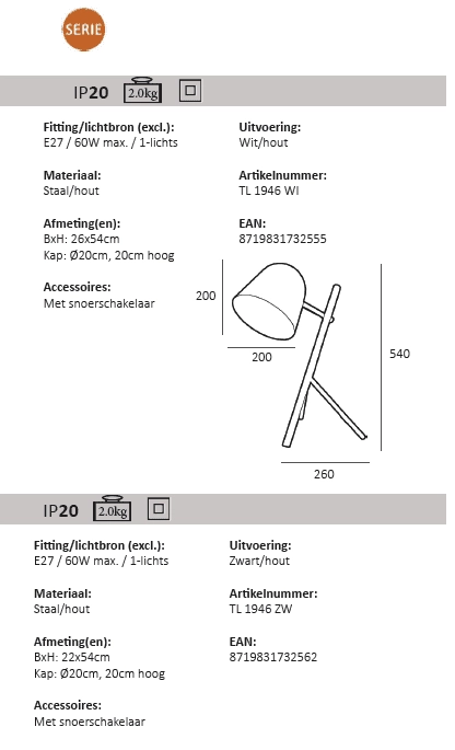 Landelijke tafellamp Sensa Tripod zwart met hout Artdelight 8719831732562