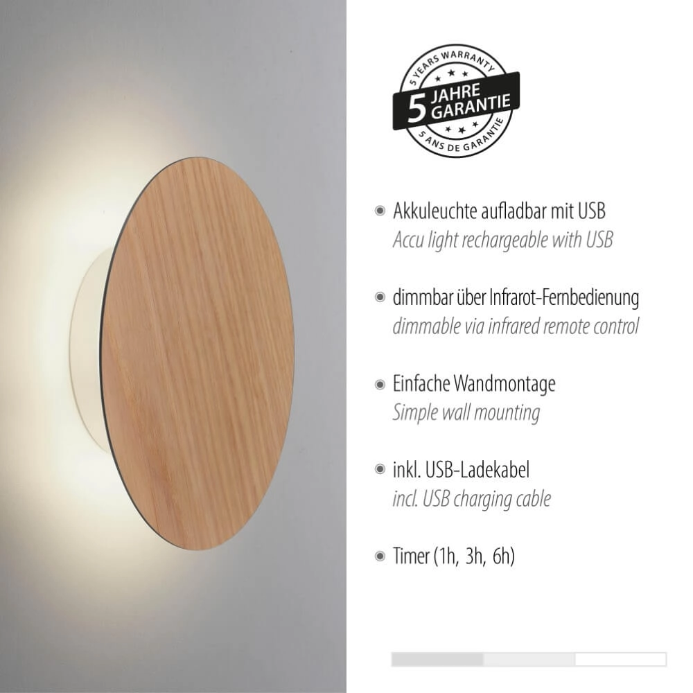 Design wandlamp Akku Puntua Ø 18cm hout Paul Neuhaus 4012248375785