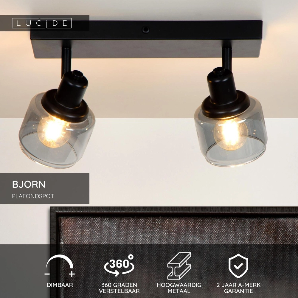 Plafondlamp Bjorn 2-lichts zwart Lucide 5411212771230