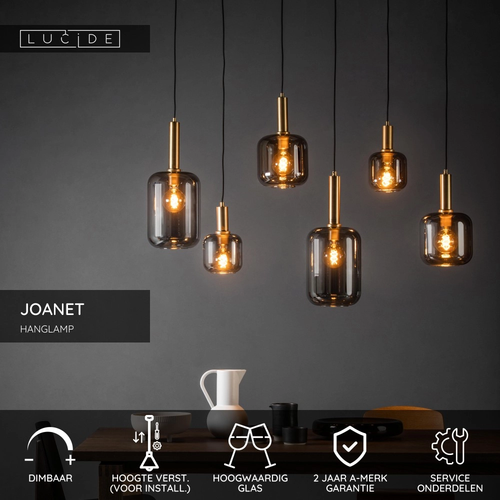 6-lichts hanglamp Joanet recht goud met smoke glas Lucide 5411212451446