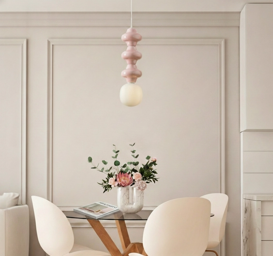 Hanglamp Clio L roze keramiek met wit glas