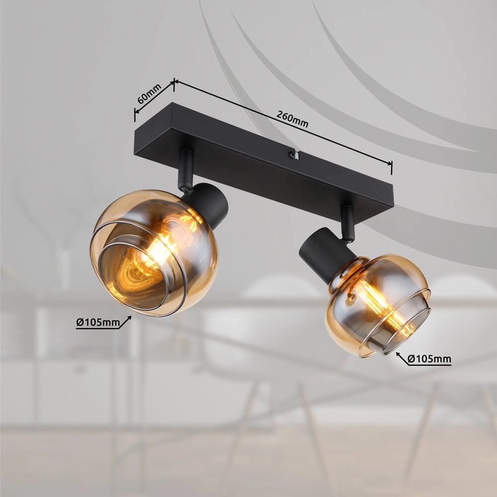 Zwarte plafondlamp Tokki 2-lichts amber smoke glas Globo 9007371455027