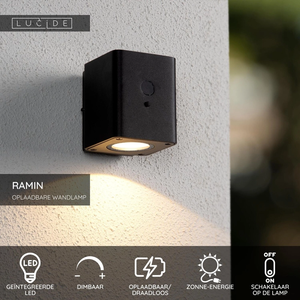 Solar wandlampje Ramin zwart Lucide 5411212152138