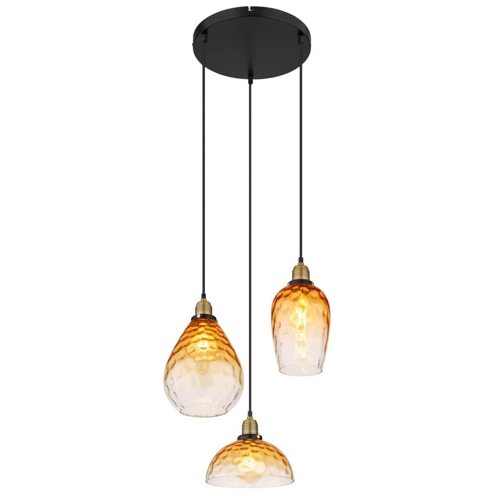 3-lichts hanglamp rond Salvy amber glas honinggraat 3-lichts hanglamp rond Salvy amber glas honinggraat