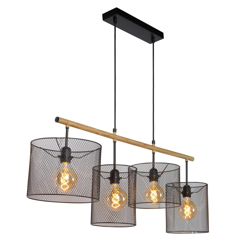 4-lichts hanglamp Baskett zwart met hout Lucide 5411212450531