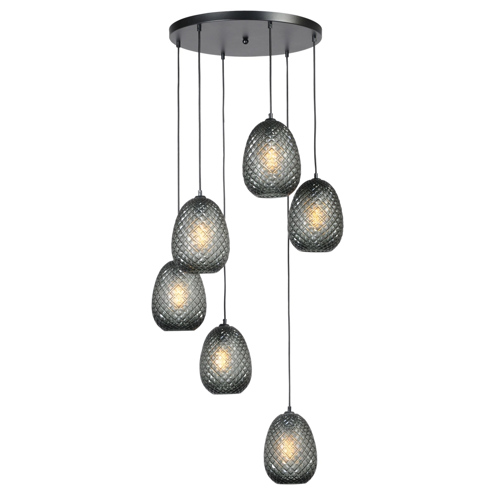 Zwarte hanglamp Pineapple 6-lichts met rookglas