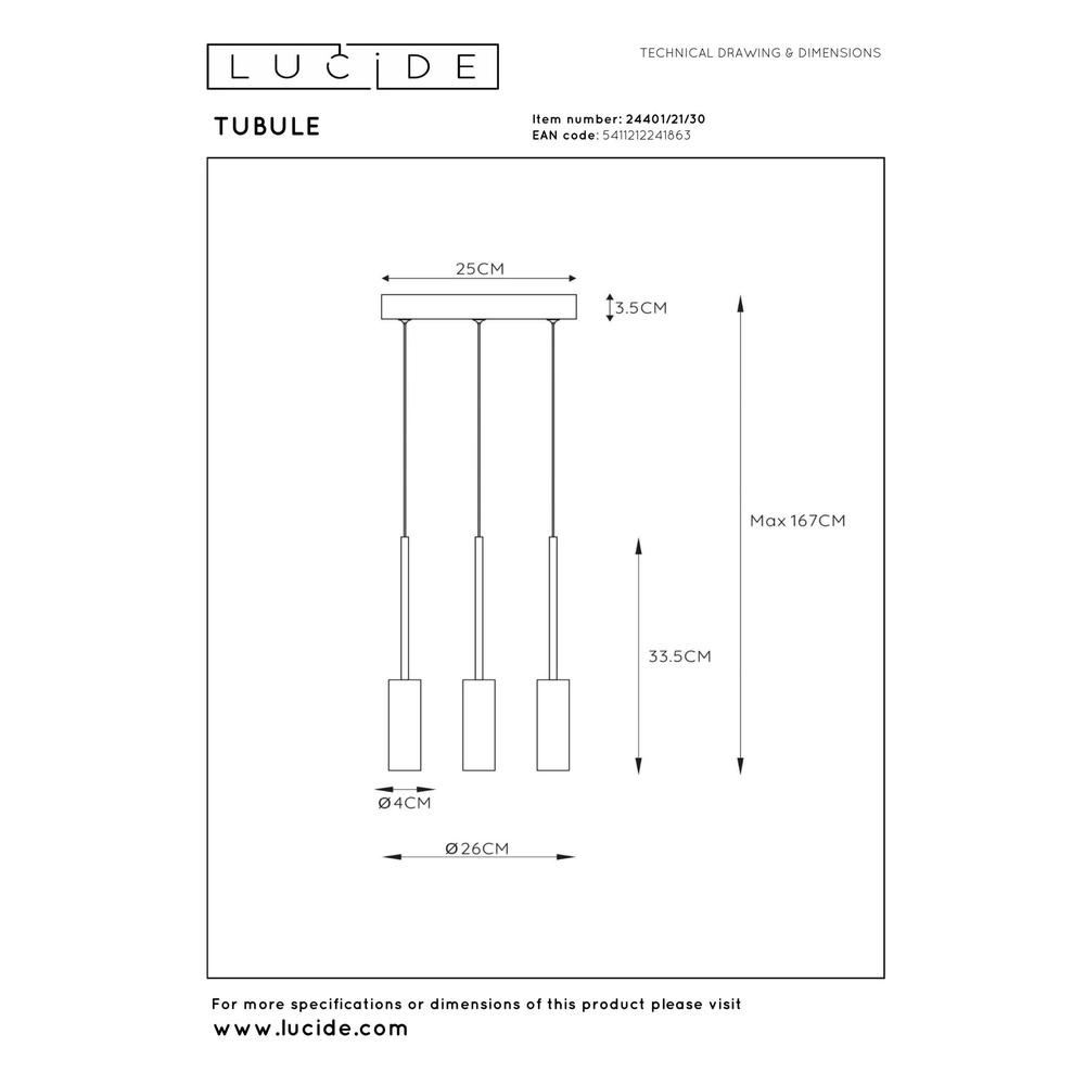 3-lichts design hanglamp Tubule zwart Lucide 5411212241863